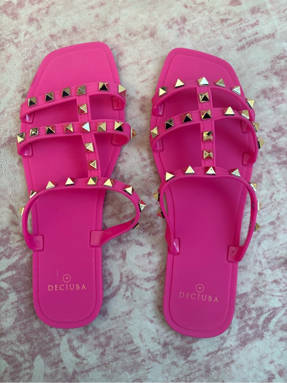 DECJUBA Hot Pink Pyramid Stud Slide Sandals